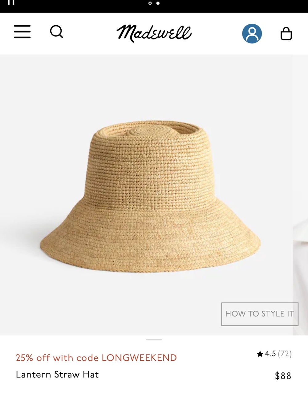 NWOT Madewell Lantern Straw Hat in Golden Khaki